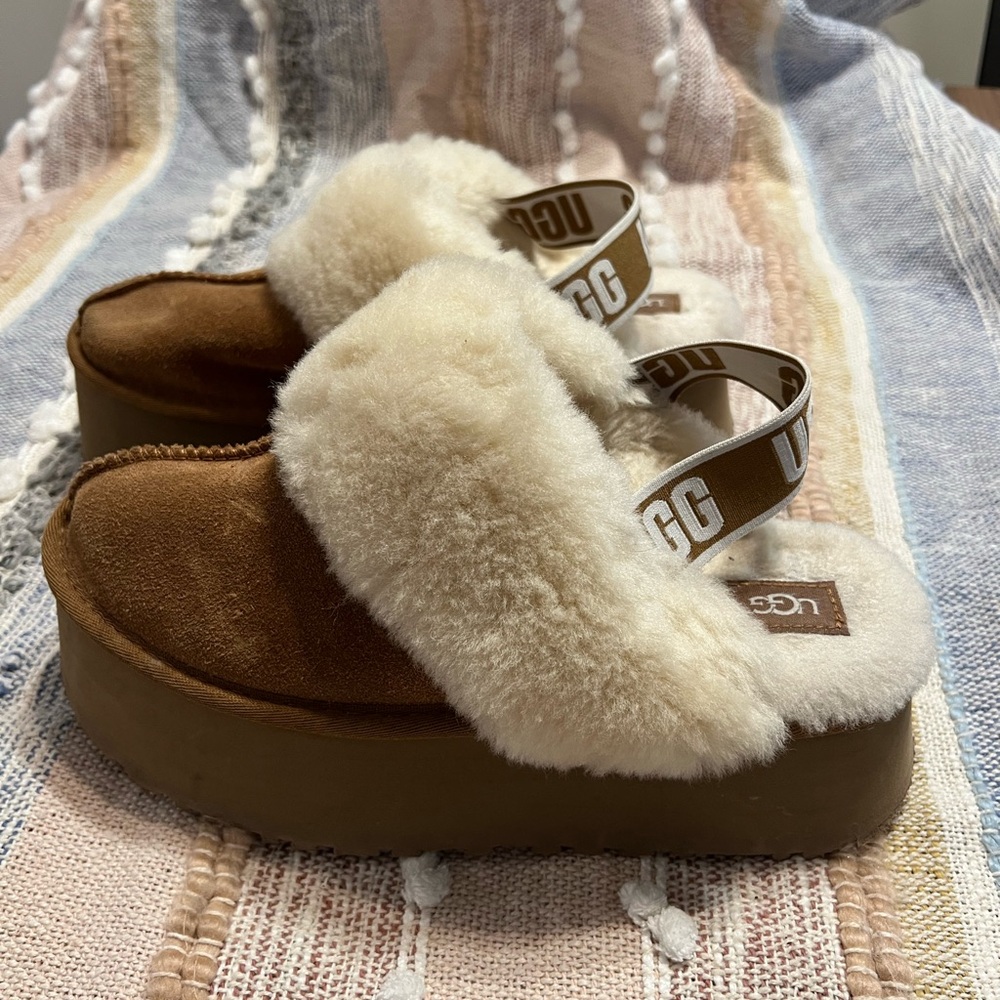 UGG Fluffy Cream and Brown Platform Sandals